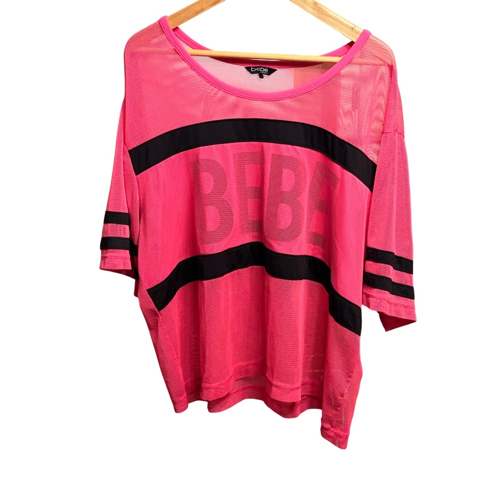 Bebe Sport Mesh Jersey Top Womens 2X Neon Pink Athleisure Striped Logo Retro